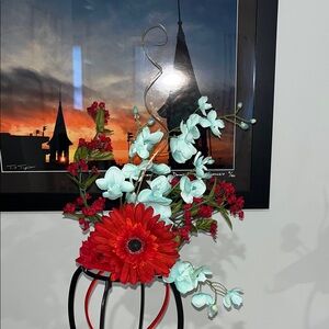 Custom Derby fascinator with Red and Light Blue Accents. Perfect for the races!